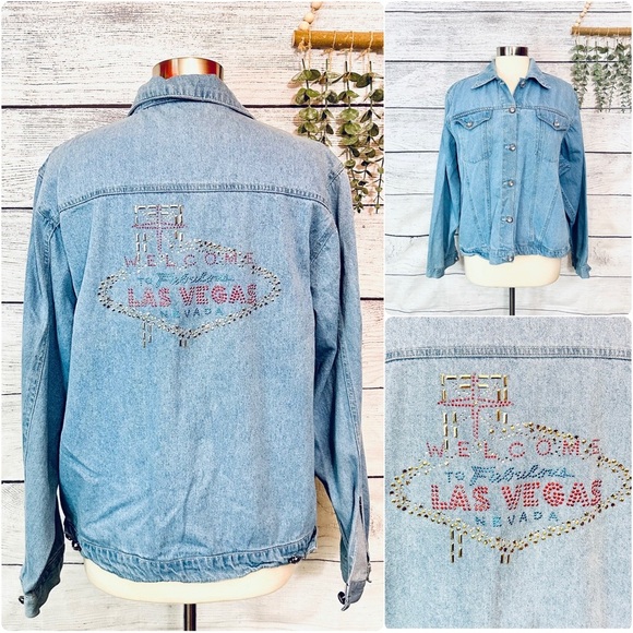 CLEARANCE Vintage 90s Get Lucky Las Vegas Denim Trucker Jacket Women’s Large - Picture 1 of 13